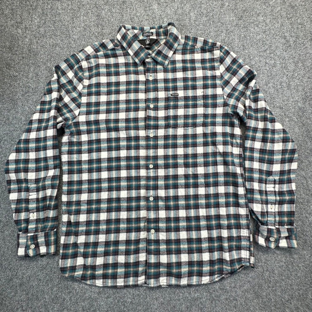 Volcom‎ Plaid Flannel Shirt Mens Large Teal White Brown Classic Fit